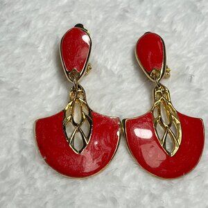 Edgar Berebi Vintage 1980s Red Gold Enamel Dangling Clip On Statement  Earrings